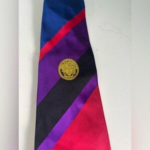 Versace Red and Purple Striped Tie with Gold Medusa
